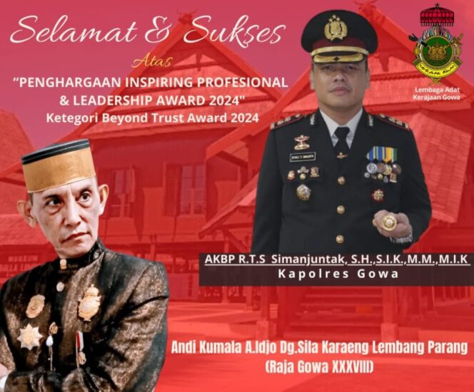 
					Andi Kumala A. Idjo Dg. Karaeng Lembang Parang Memberikan Apresiasi kepada Kapolres Gowa atas Penghargaan Leadership Award